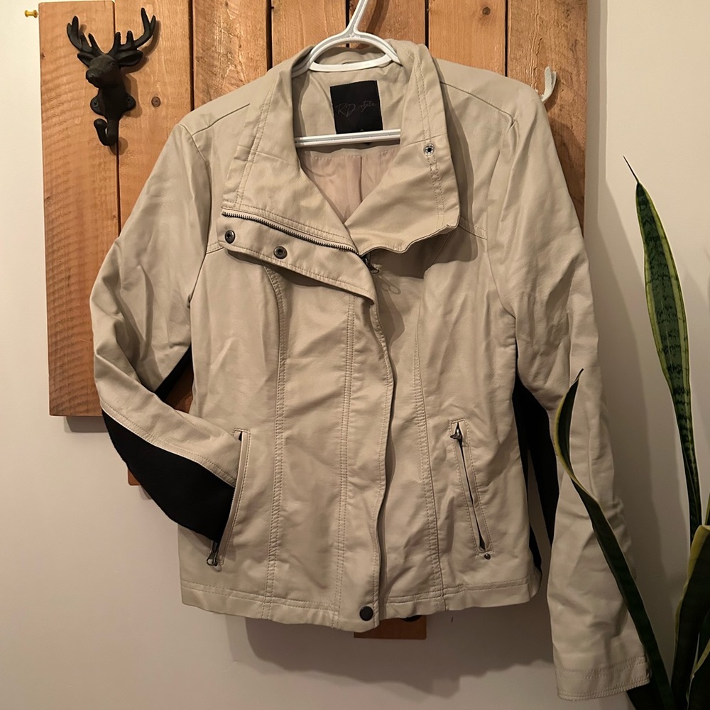 RD Style Cream Faux Leather Jacket with Black Details